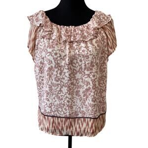 New DR2 Women's Tan/Cream Floral Print Off Shoulder Ruffle Neck Blouse Size S